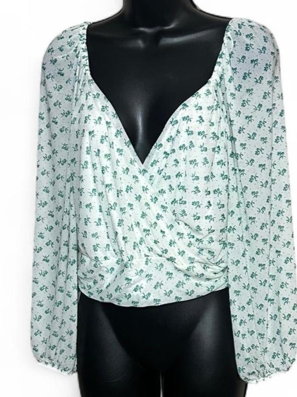 Free People White & Green Floral Sheer Mesh Crisscross Front